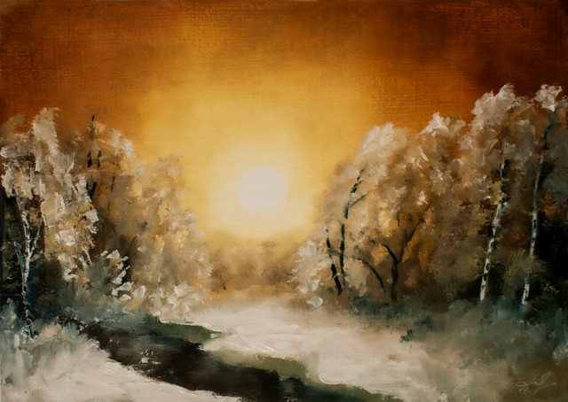 Sunset in a snowy forest